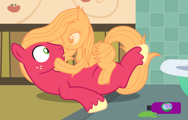 Size: 3488x2222 | Tagged: suggestive, artist:badumsquish, derpibooru import, big macintosh, earth pony, pony, badumsquish strikes again, bathroom, bathtub, bedroom eyes, big macintosh gets all the mares, eye contact, female, flirty, freckles, hair pony, implied mane-iac, living hair, looking at each other, male, shampoo, smiling, straight, surprised, tresemme