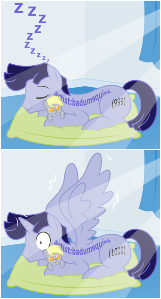 Size: 2932x5442 | Tagged: safe, artist:badumsquish, derpibooru import, derpy hooves, oc, oc:artist:badumsquish, ponified, alicorn, earth pony, pony, derpibooru, absurd resolution, alicornified, ascension, crepuscular rays, curtains, derpibooru ponified, male, meta, pillow, plushie, race swap, sleeping, solo, species swap, spread wings, tag pony, tags, transformation, waking up, wide eyes, wingboner, wings, zzz