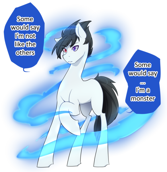 Size: 2981x3073 | Tagged: safe, artist:mylittlesheepy, derpibooru import, oc, oc:tobias, unofficial characters only, earth pony, pony, aura, blank flank, caption, heterochromia, male, solo