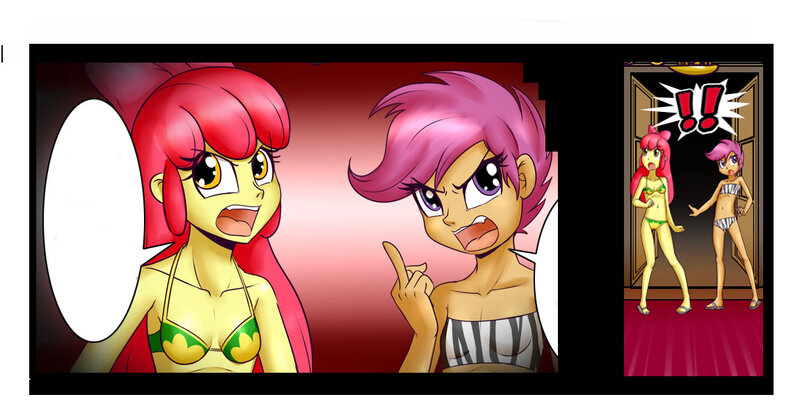 Size: 1150x604 | Tagged: suggestive, artist:anibaruthecat, derpibooru import, edit, apple bloom, scootaloo, equestria girls, after classes, bandeau, belly button, bikini, breasts, clothes, cropcon, cropped, explicit source, middle finger, midriff, swimsuit, vulgar