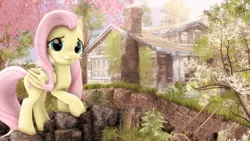 Size: 4000x2250 | Tagged: 3d, artist:redaceofspades, derpibooru import, fluttershy, house, mountain, poster, safe, scenery, solo, source filmmaker