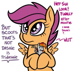 Size: 1553x1484 | Tagged: safe, artist:radek1212, derpibooru import, scootaloo, oc, oc:tridashie, pegasus, pony, cute, cutealoo, dialogue, doll, eyes closed, female, filly, frown, grammar error, grin, hug, implied sweetie belle, looking up, offscreen character, scam, silly, silly pony, simple background, smiling, solo, speech bubble, spread wings, this will end in tears, toy, wat, white background, wings