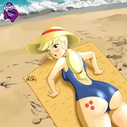 Size: 800x800 | Tagged: suggestive, artist:tittoons, derpibooru import, applejack, equestria girls, applebutt, ass, beach, beach babe, breasts, clothes, female, looking at you, looking back, one-piece swimsuit, open-back swimsuit, sand, solo, solo female, stupid sexy applejack, swimsuit, swimsuit babe, water