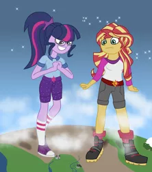 Size: 1501x1694 | Tagged: safe, artist:berrypunchrules, derpibooru import, sci-twi, sunset shimmer, twilight sparkle, equestria girls, legend of everfree, boots, camp everfree outfits, clothes, converse, cute, evil grin, female, giantess, glasses, grin, macro, planet, pure unfiltered evil, raised leg, shoes, shorts, smiling, sneakers, socks, space, stars, this will end in pain