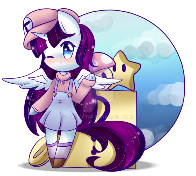 Size: 1024x916 | Tagged: safe, artist:twily-star, derpibooru import, oc, oc:twily star, unofficial characters only, alicorn, pony, 1-up mushroom, bipedal, clothes, cosplay, costume, female, mare, mario, one eye closed, solo, stars, super mario bros., watermark, wink