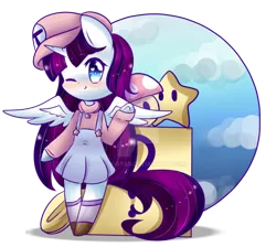 Size: 1024x916 | Tagged: safe, artist:twily-star, derpibooru import, oc, oc:twily star, unofficial characters only, alicorn, pony, 1-up mushroom, bipedal, clothes, cosplay, costume, female, mare, mario, one eye closed, solo, stars, super mario bros., watermark, wink