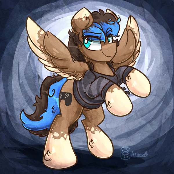 Size: 700x700 | Tagged: artist:azimooth, clothes, commission, controller, cutie mark, derpibooru import, hoodie, hooves up, looking away, oc, oc:playthrough, raised eyebrow, rearing, safe, simple background, smiling, spread wings, unofficial characters only, wings