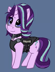 Size: 595x778 | Tagged: safe, artist:duop-qoub, derpibooru import, starlight glimmer, pony, unicorn, blue background, clothes, collar, cute, female, glimmerbetes, k-9, mare, pet glimmer, police, police dog, shoulder fluff, simple background, solo, vest