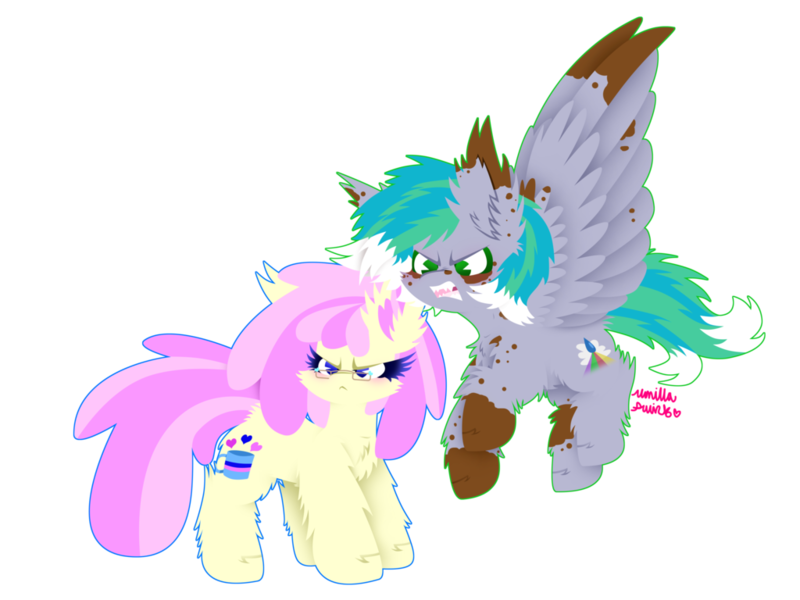 Size: 1024x768 | Tagged: safe, artist:vanillaswirl6, derpibooru import, oc, oc:cirrus fever, oc:vanilla swirl, unofficial characters only, earth pony, pegasus, pony, aggressive, angry, big ears, blushing, cheek fluff, chest fluff, chibi, colored eyelashes, couple, cute, cute little fangs, cutie mark, duo, duo male and female, ear fluff, face markings, fangs, female, floating, fluffy, flying, frown, glare, glasses, growling, looking at something, male, mare, markings, multicolored hair, no pupils, ocbetes, open mouth, sharp teeth, signature, spots, spread wings, stallion, standing, teeth, weapons-grade cute, wings