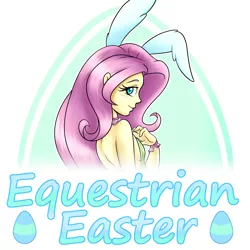 Size: 2500x2500 | Tagged: suggestive, artist:ambris, derpibooru import, fluttershy, art pack:an equestrian easter, equestria girls, abstract background, advertisement, an equestrian easter, art pack, art pack cover, blushing, breasts, bunny suit, bunnyshy, choker, clothes, colored pupils, easter, easter egg, female, floppy ears, leotard, looking at you, playboy bunny, sideboob, sideways glance, solo, solo female