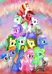 Size: 1600x2263 | Tagged: safe, artist:jucamovi1992, derpibooru import, oc, oc:deep sea, oc:elegant star, oc:marine foam, oc:red scarlet, oc:sea dew, unofficial characters only, earth pony, merpony, pegasus, pony, unicorn, female, looking at you, male, mare, open mouth, pile, smiling, stallion