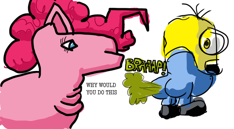 Size: 1933x1063 | Tagged: artist:sonofpower, cursed image, derpibooru import, despicable me, face, fart, fart noise, just no, minion, minions, onomatopoeia, pinkie pie, sound effects, suggestive, why