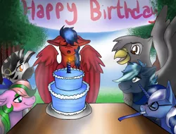 Size: 2048x1556 | Tagged: safe, artist:brainiac, derpibooru import, oc, unofficial characters only, gryphon, zebra, birthday cake, birthday party, cake, commission, food, group, party