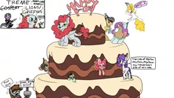 Size: 1920x1080 | Tagged: safe, artist:binkyt11, artist:cutepencilcase, derpibooru import, daring do, pinkie pie, rarity, spike, surprise, oc, dragon, earth pony, gryphon, pegasus, pony, unicorn, aggie train, alternate hairstyle, birthday cake, cake, clothes, cosplay, costume, drawpile disasters, evil grin, fluffy mane, food, grin, happy birthday, hat, mr. potato head, party hat, potato rarity, raritato, scarf, smiling, speech bubble, tired, wat