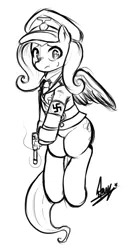 Size: 422x804 | Tagged: safe, artist:starykrow, derpibooru import, fluttershy, pony, bottomless, cap, clothes, flutternazi, gun, handgun, hat, luger, military uniform, monochrome, nazi, necktie, partial nudity, pistol, shirt, solo, swastika, sweat, sweatdrop, uniform, weapon