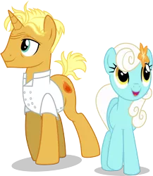 Size: 5097x5872 | Tagged: safe, artist:illumnious, derpibooru import, gourmand ramsay, serena, ponified, earth pony, pony, unicorn, spice up your life, absurd resolution, background pony, clothes, duo, female, flower, flower in hair, gordon ramsay, male, mare, simple background, smiling, stallion, transparent background, vector