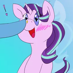 Size: 1280x1280 | Tagged: safe, artist:lookabombaboo, derpibooru import, starlight glimmer, pony, unicorn, 30 minute art challenge, blushing, boop, cute, female, glimmerbetes, heart eyes, implied trixie, mare, offscreen character, open mouth, smiling, solo, wingding eyes