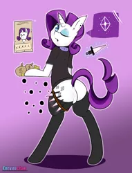 Size: 2600x3400 | Tagged: suggestive, artist:enryuuchan, derpibooru import, rarity, pony, semi-anthro, bipedal, clothes, collar, dialogue, diamond, female, knife, looking at you, magic, money, one eye closed, plot, shirt, solo, solo female, stockings, thigh highs, wanted poster