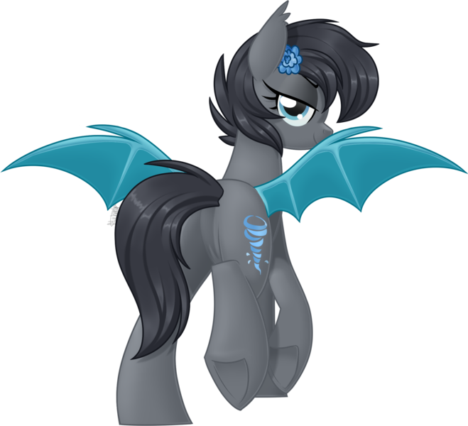 Size: 1996x1817 | Tagged: safe, artist:kellythedrawinguni, derpibooru import, oc, oc:seachell, unofficial characters only, bat pony, pony, bat wings, ear fluff, female, flower, flower in hair, lidded eyes, looking back, mare, plot, simple background, solo, spread wings, transparent background, wings