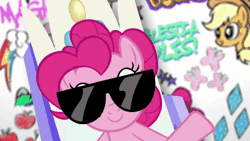 Size: 400x225 | Tagged: safe, derpibooru import, official, screencap, applejack, fluttershy, pinkie pie, twilight sparkle, pony, animated, falling, fresh princess of friendship, gif, graffiti, gravity, pinkie physics denied, reality ensues, spinning, sunglasses, the fresh prince of bel-air, twilight's castle, youtube link