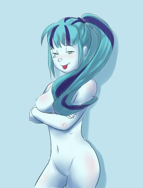 Size: 800x1050 | Tagged: questionable, artist:amazingpuffhair, artist:jabbie64, derpibooru import, sonata dusk, equestria girls, rainbow rocks, belly button, blue background, breasts, busty sonata dusk, crossed arms, featureless crotch, female, looking at you, nipples, nudity, ponytail, simple background, smiling, solo, solo female, tongue out