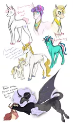 Size: 3240x5400 | Tagged: absurd resolution, artist:xenalollie, derpibooru import, hybrid, interspecies offspring, oc, oc:anomaly, oc:sahara sunrise, oc:valiant heart, offspring, parent:discord, parent:fancypants, parent:fleur-de-lis, parent:fluttershy, parent:nightmare moon, parent:prince blueblood, parents:bluecora, parents:discoshy, parents:fancyfleur, parents:nightmarecord, parent:zecora, prince blueblood, princess flurry heart, safe, simple background, size difference, white background, zony