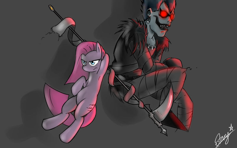 Size: 1280x800 | Tagged: safe, artist:starykrow, derpibooru import, pinkie pie, earth pony, pony, armpits, clothes, crossover, death note, ear piercing, earring, glowing eyes, jewelry, pants, piercing, pinkamena diane pie, red eyes, ryuk, scythe, shinigami, shirt