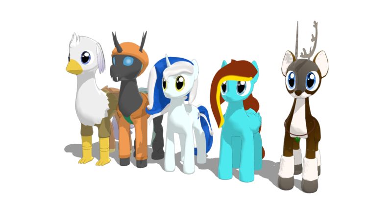 Size: 1280x720 | Tagged: safe, artist:waltervd, derpibooru import, oc, oc:ilovekimpossiblealot, oc:silver quill, oc:sketchy bughorse, oc:tyandaga, unofficial characters only, changeling, classical hippogriff, deer, hippogriff, pegasus, pony, unicorn, 3d, mmd, non-pony oc, simple background, transparent background, wip