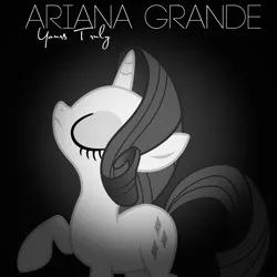 Size: 800x800 | Tagged: ariana grande, artist:penguinsn1fan, artist:tomfraggle, cover, derpibooru import, eyes closed, monochrome, parody, raised hoof, rarity, safe, solo