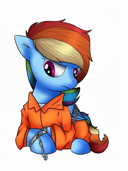 Size: 768x1024 | Tagged: artist:globug100art, bound wings, chains, clothes, cuffed, cuffs, derpibooru import, frustrated, handcuffed, prisoner, prisoner rd, prison outfit, rainbow dash, safe, shackles, solo