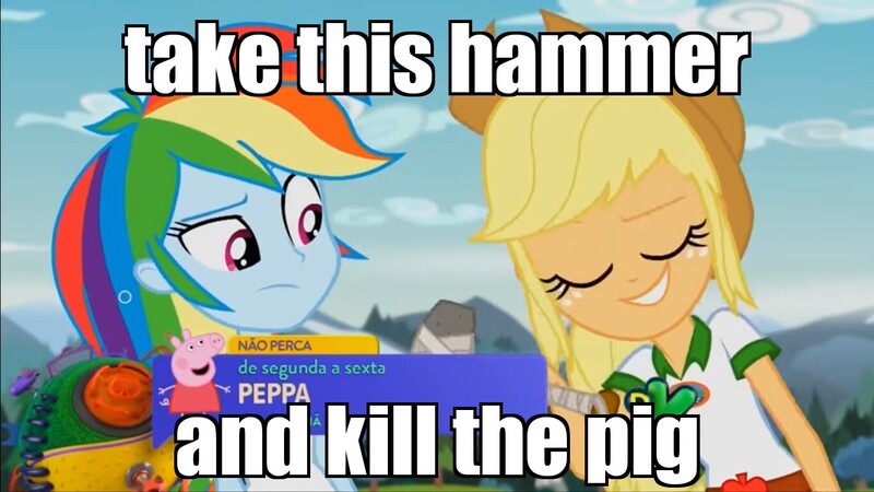 Size: 1366x768 | Tagged: safe, derpibooru import, edit, edited screencap, screencap, applejack, rainbow dash, equestria girls, legend of everfree, discovery kids, hammer, image macro, meme, peppa pig, portuguese