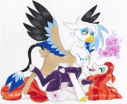 Size: 752x619 | Tagged: safe, artist:frozensoulpony, derpibooru import, oc, oc:ganymede, oc:little lady, unofficial characters only, classical hippogriff, earth pony, hippogriff, pony, clothes, female, interspecies, male, mare, offspring, on back, parent:applejack, parent:gilda, parent:jet set, parents:applejet, parents:gildin', socks, spread wings, traditional art, wings