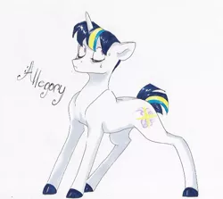 Size: 612x547 | Tagged: safe, artist:frozensoulpony, derpibooru import, oc, oc:allegory, unofficial characters only, pony, unicorn, eyes closed, male, offspring, parent:comet tail, parent:twilight sparkle, parents:cometlight, solo, stallion, traditional art