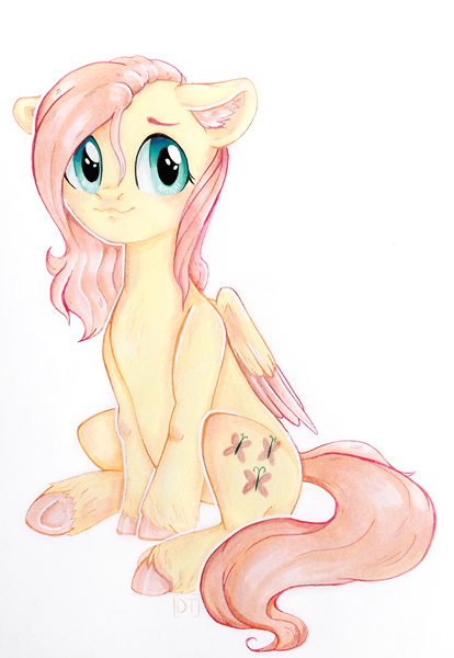 Size: 2000x2900 | Tagged: safe, artist:rizzych, derpibooru import, fluttershy, pony, colored hooves, colored wings, ear fluff, floppy ears, high res, looking at you, simple background, sitting, solo, underhoof, unshorn fetlocks, white background