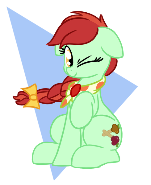 Size: 725x890 | Tagged: safe, artist:masserey, derpibooru import, candy apples, earth pony, pony, apple family member, braid, floppy ears, looking at you, neckerchief, one eye closed, raised hoof, sitting, smiling, solo, wink