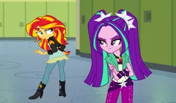 Size: 1000x588 | Tagged: safe, artist:ktd1993, derpibooru import, aria blaze, sunset shimmer, equestria girls, boots, canterlot high, clothes, crossed arms, female, hallway, high heel boots, jacket, leather jacket, lesbian, lockers, pants, pendant, shipping, sunblaze