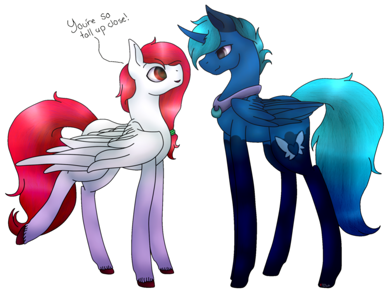 Size: 1024x778 | Tagged: safe, artist:anxiouslilnerd, derpibooru import, oc, oc:cream soda, oc:miolop moon, unofficial characters only, alicorn, pegasus, pony, cloven hooves, collar, deformed wing, speedpaint