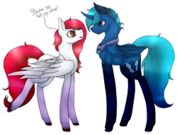 Size: 1024x778 | Tagged: safe, artist:anxiouslilnerd, derpibooru import, oc, oc:cream soda, oc:miolop moon, unofficial characters only, alicorn, pegasus, pony, cloven hooves, collar, deformed wing, speedpaint