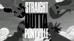 Size: 1593x895 | Tagged: applejack, derpibooru import, fluttershy, monochrome, nwa, parody, rainbow dash, rarity, spoiler:s07, straight outta compton, suggestive