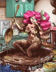 Size: 2625x3375 | Tagged: artist:king-kakapo, art pack:my little sweetheart, art pack:my little sweetheart 5, bow, bowl, breasts, chocolate, clothes, cooking, cream, derpibooru import, female, food, foodplay, human, humanized, kitchen, messy, my little sweetheart, my little sweetheart 5, panties, partial nudity, pinkie pie, plump, pot, solo, solo female, spoon, strategically covered, suggestive, topless, underwear, wet and messy