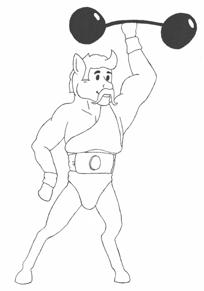 Size: 745x1060 | Tagged: artist:konstantin-kholchev, black and white, crappy art, derpibooru import, facial hair, fallout equestria, fallout equestria: the rovers, grayscale, monochrome, moustache, muscles, safe, strong, weights