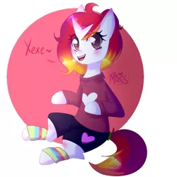 Size: 1024x1024 | Tagged: safe, artist:marisdoodles, derpibooru import, oc, unofficial characters only, pony, unicorn, abstract background, blushing, clothes, cyrillic, female, laughing, mare, pants, simple background, sweater, white background