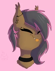 Size: 667x857 | Tagged: safe, artist:marisdoodles, derpibooru import, oc, unofficial characters only, pony, bust, choker, ear piercing, eyes closed, female, mare, piercing, portrait, simple background, solo, tongue out