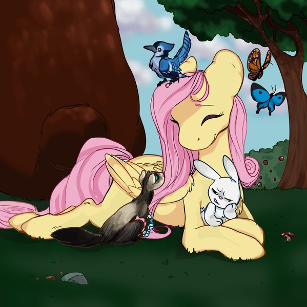 Size: 2555x2559 | Tagged: safe, artist:crimonkitten, derpibooru import, angel bunny, fluttershy, bird, butterfly, ferret, pegasus, pony, cute, duo, eyes closed, floppy ears, floral head wreath, flower, folded wings, head turn, looking at something, prone, shyabetes, sitting on head, smiling, tree