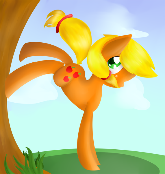 Size: 1218x1280 | Tagged: safe, artist:mokychan, derpibooru import, applejack, earth pony, pony, applebucking, female, mare, solo