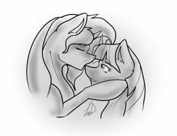 Size: 1280x989 | Tagged: safe, artist:lyx-d, derpibooru import, sunset shimmer, twilight sparkle, twilight sparkle (alicorn), alicorn, pony, unicorn, cute, eyes closed, female, grayscale, kissing, lesbian, mare, monochrome, shimmerbetes, shipping, smiling, sunsetsparkle, twiabetes