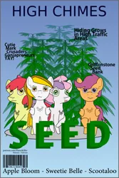 Size: 1200x1800 | Tagged: safe, artist:planetkiller, derpibooru import, apple bloom, scootaloo, sweetie belle, oc, oc:high wind chimes, earth pony, pegasus, pony, unicorn, comic:seed, cutie mark crusaders, drugs, looking at you, magazine cover, marijuana, serious, serious face, shrunken pupils, text, title page