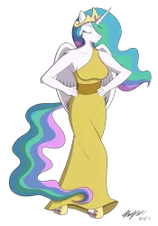 Size: 1024x1461 | Tagged: alicorn, anthro, artist:sketchychangeling, clothes, crown, derpibooru import, dress, eyes closed, jewelry, princess celestia, regalia, safe, simple background, solo, transparent background, unguligrade anthro