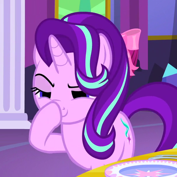 Size: 600x600 | Tagged: safe, derpibooru import, edit, edited screencap, screencap, starlight glimmer, unicorn, no second prances, boop, creepy, cropped, empty eyes, glimmerposting, lidded eyes, no catchlights, raised eyebrow, self-boop, smiling, smirk, solo