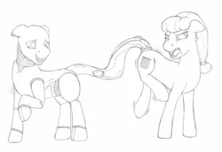 Size: 1577x1085 | Tagged: safe, artist:parallel black, derpibooru import, oc, oc:robrrrt, ponified, unofficial characters only, object pony, original species, pony, robot, robot pony, vacuum cleaner pony, accident, angry, duo, monochrome, sketch, sucking, vacuum cleaner